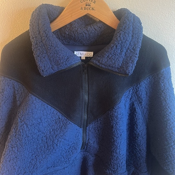 AEMI+CO Two Tone Half Zip Sherpa Sweatshirt Navy Pockets Womens Size Large - Picture 5 of 12